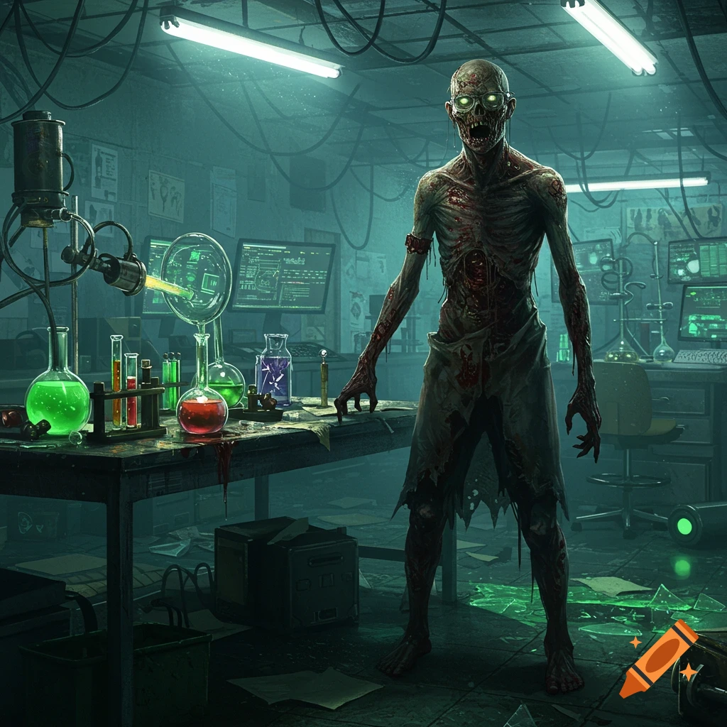 A decaying zombie with glowing green eyes stands in a dimly lit, messy laboratory filled with beakers of colorful chemicals.