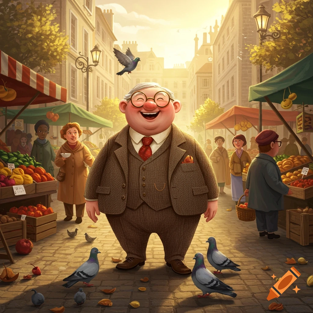 A cheerful, portly man in a brown suit laughs in a bustling cartoon market scene with pigeons.