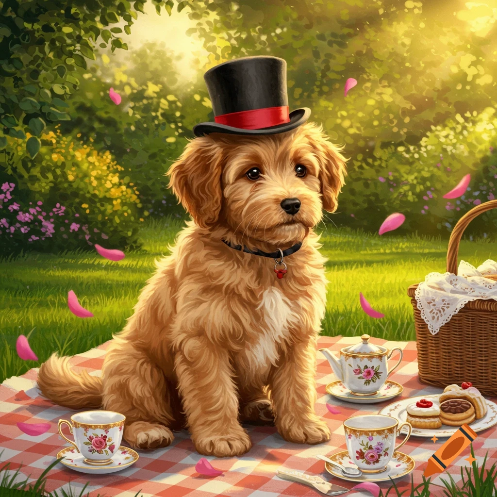Illustrated fluffy golden-brown puppy in a black top hat sitting on a picnic blanket with teacups and snacks in a sunny park.