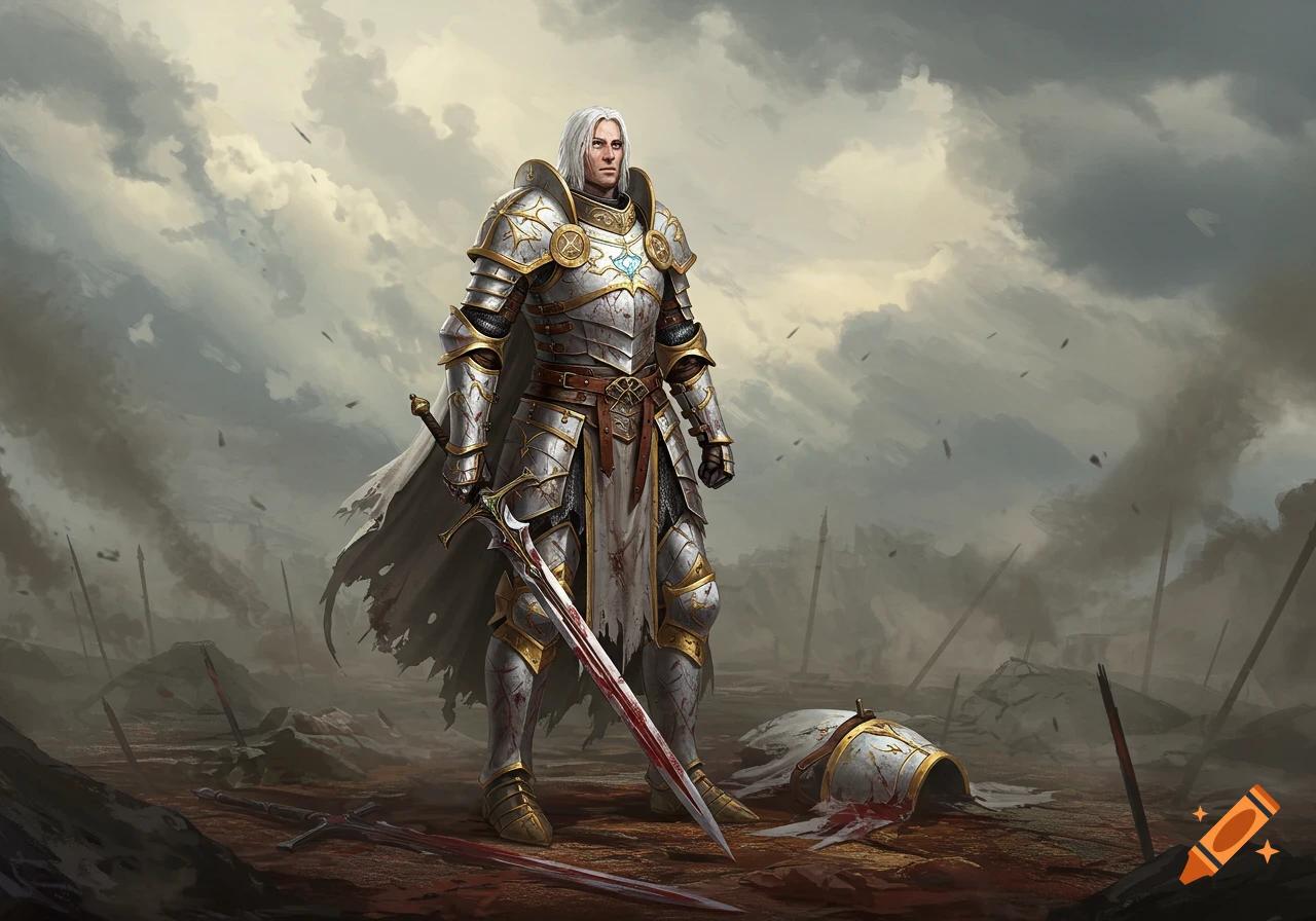A stoic paladin in ornate white and gold armor stands on a desolate, bloodied battlefield, holding a greatsword.