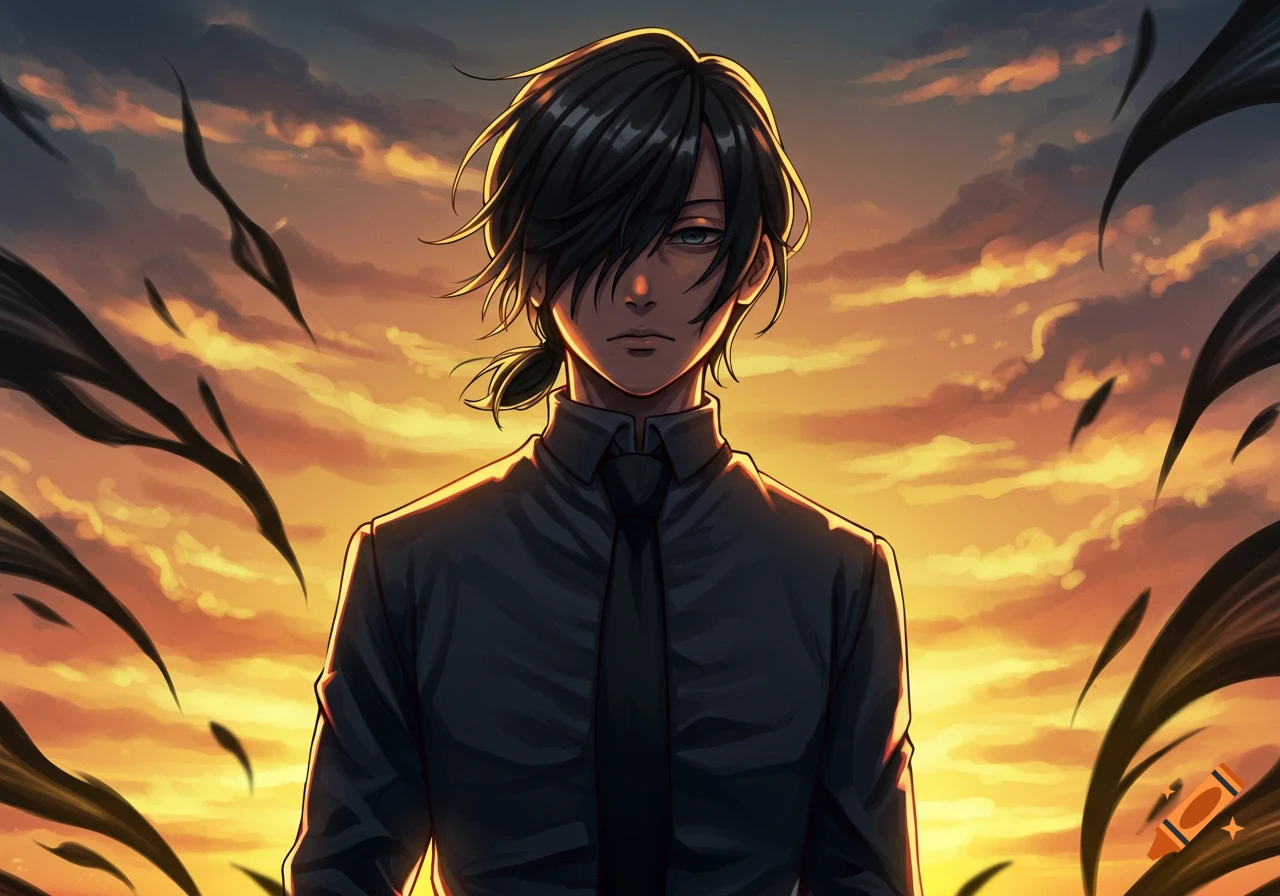An anime character, Aki Hayakawa, with dark hair and a serious expression, wearing a black shirt and tie, stands against a vibrant orange and yellow sunset sky with dark wispy shapes.
