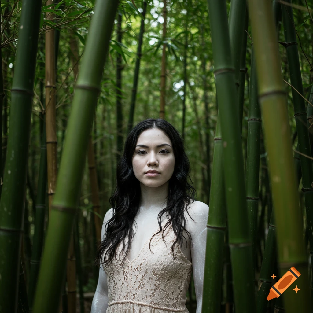 Woman with pale skin and dark wavy hair in a light lace dress standing amidst a dense bamboo forest. Photorealistic style.