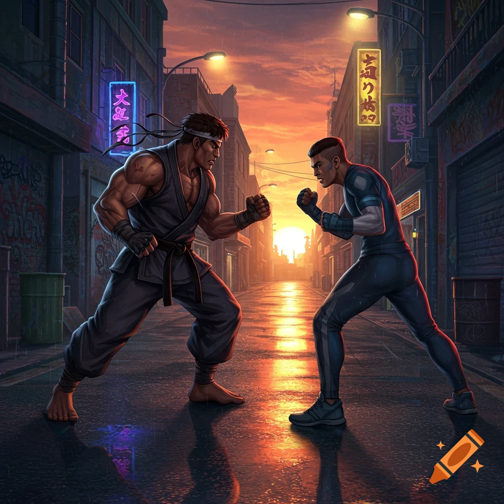 Two muscular fighters, one in a gi and the other in sportswear, face off on a wet urban street at sunset in a detailed, vibrant illustration style.