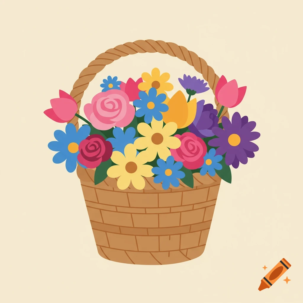 A flat illustration of a brown woven basket filled with colorful flowers like pink roses, blue daisies, yellow tulips, and purple blooms.