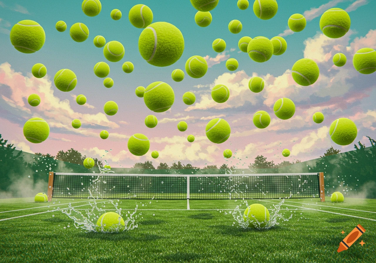 Numerous tennis balls rain onto a green grass tennis court, with some splashing water upon impact, under a cloudy sky.