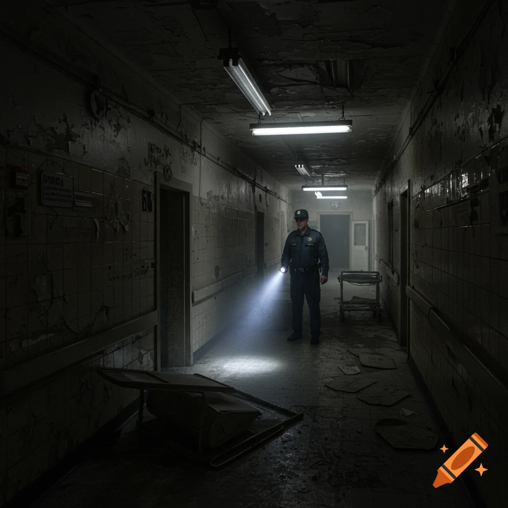 Photorealistic image of a security guard holding a flashlight in a dark, decaying corridor of an abandoned hospital.