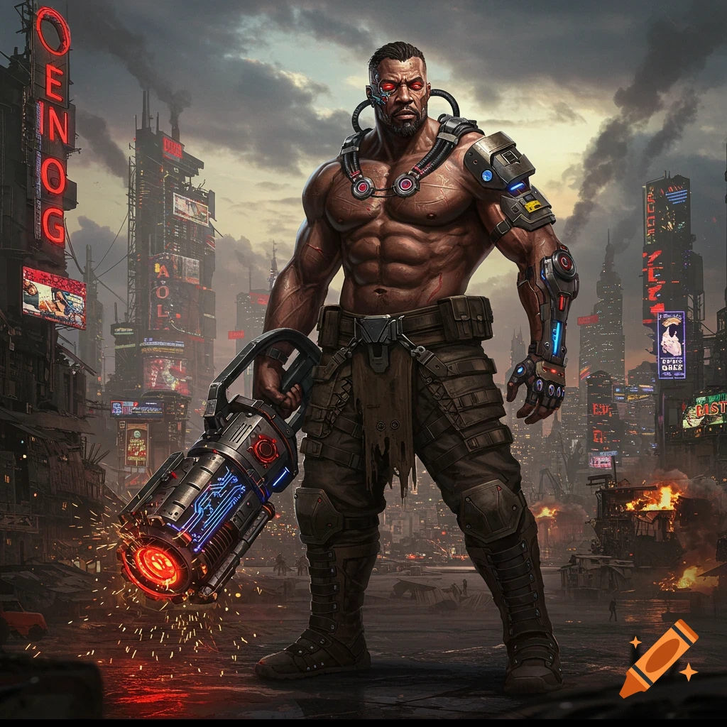 A muscular, cybernetically enhanced man with glowing red eyes stands in a dystopian cyberpunk city, holding a futuristic weapon that sparks at the barrel.