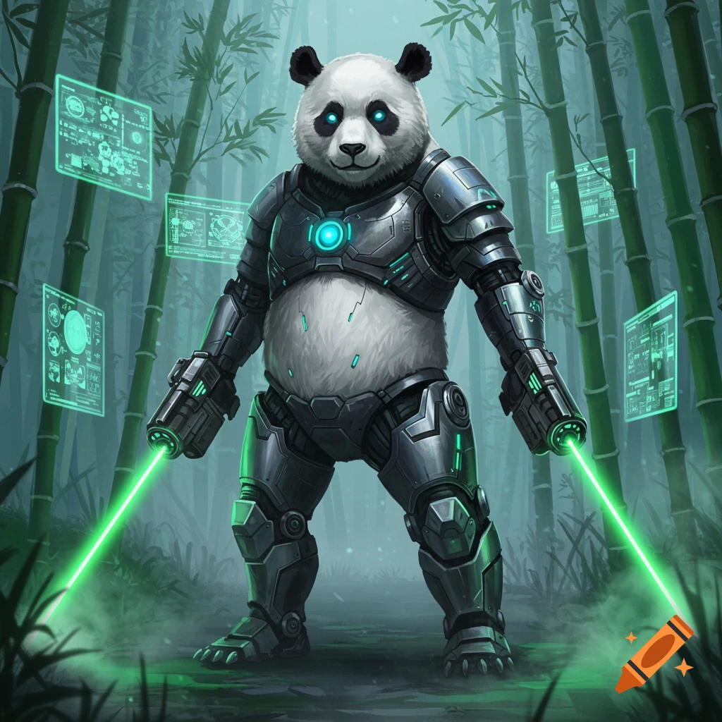 A panda in futuristic robot armor holds two green laser beams in a bamboo forest with holographic screens, digital art.