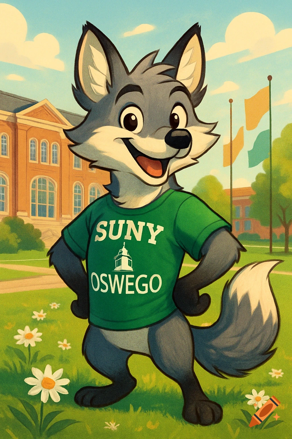 A friendly grey fox mascot wearing a green 'SUNY Oswego' shirt stands on a college campus in a cartoon style.