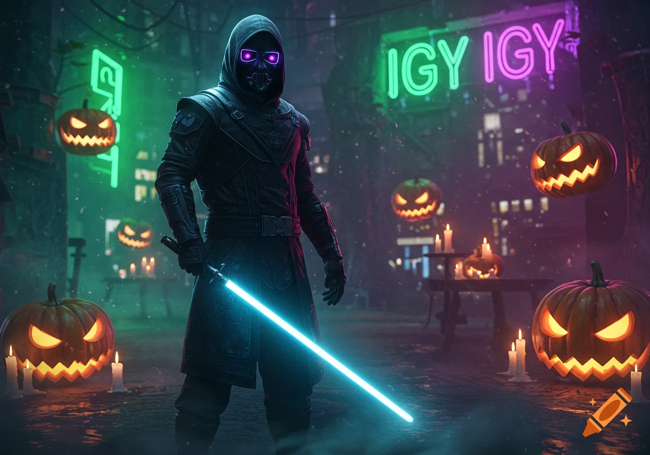 A masked character in dark robes holds a blue lightsaber, surrounded by glowing Halloween pumpkins and neon signs in a cyberpunk city.