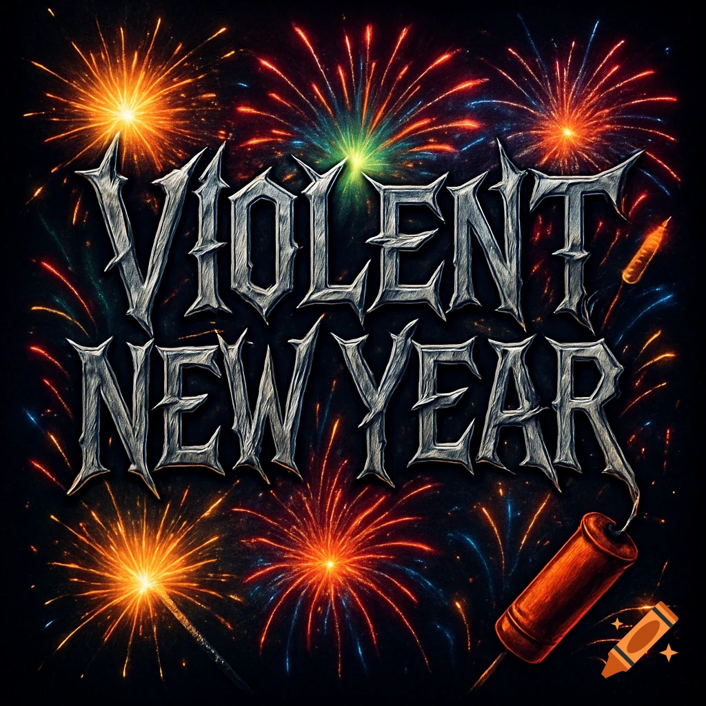 Stylized logo for 'Violent New Year' with sharp metallic text against a backdrop of colorful fireworks and a stick of dynamite.