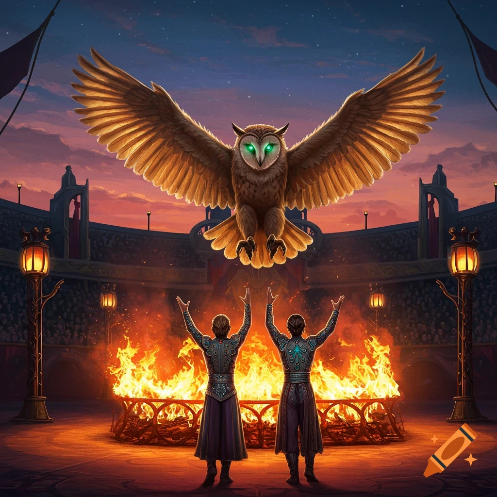 Giant owl with glowing green eyes flying over a large ceremonial fire in an arena, two robed figures raising hands.