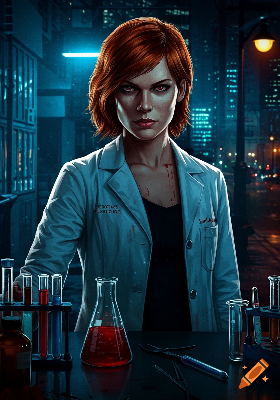 A serious woman with red hair and glowing red eyes wears a bloody lab coat, standing behind beakers and test tubes in a neon-lit, rainy city at night, in a comic book art style.