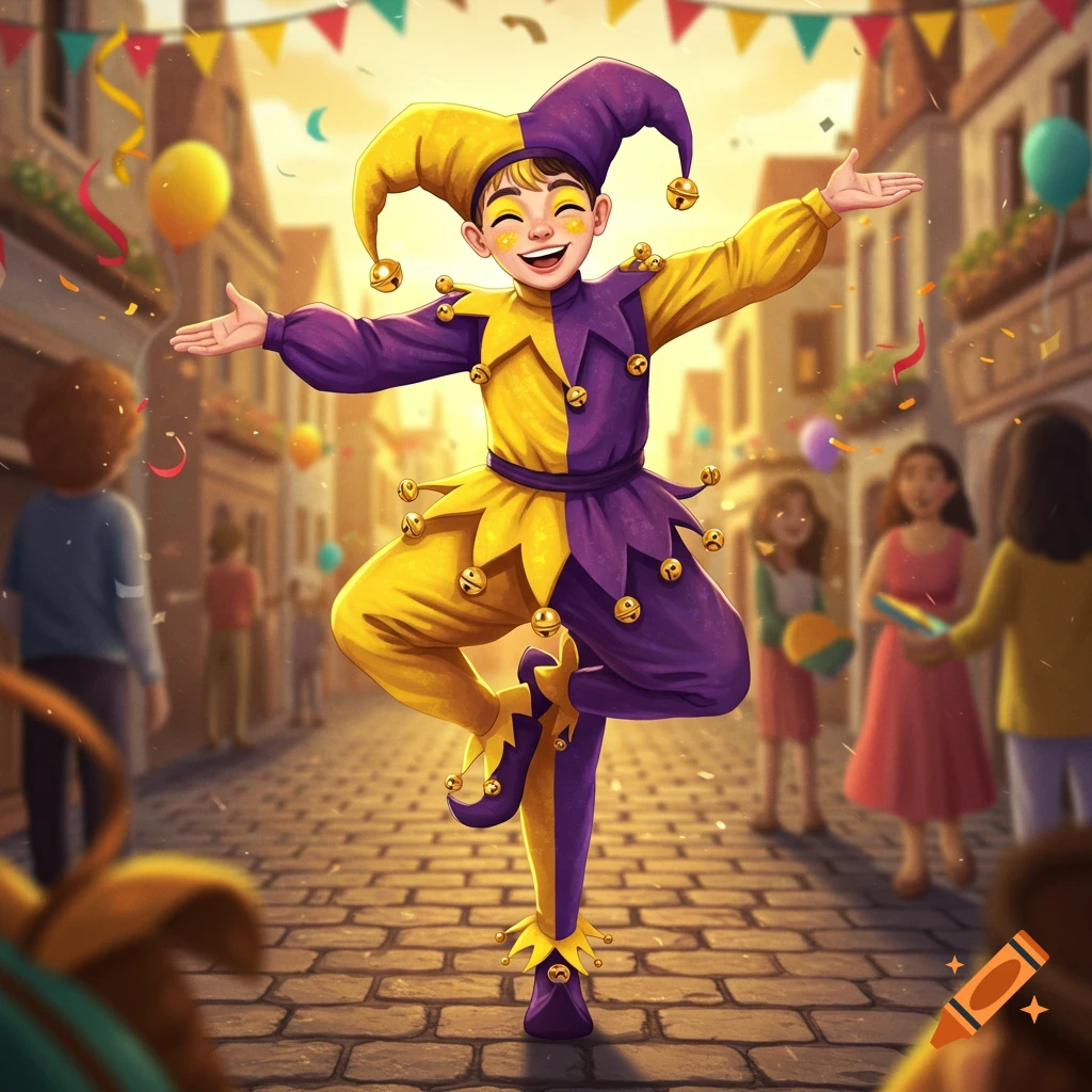 A joyful child jester in a yellow and purple costume with bells, dancing in a festive street with confetti and balloons.