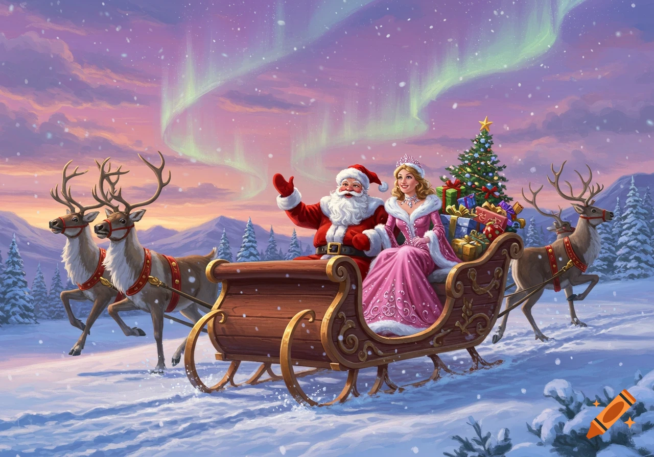 Santa and a woman in a pink dress ride a sleigh pulled by reindeer through a snowy landscape under an aurora borealis sky.