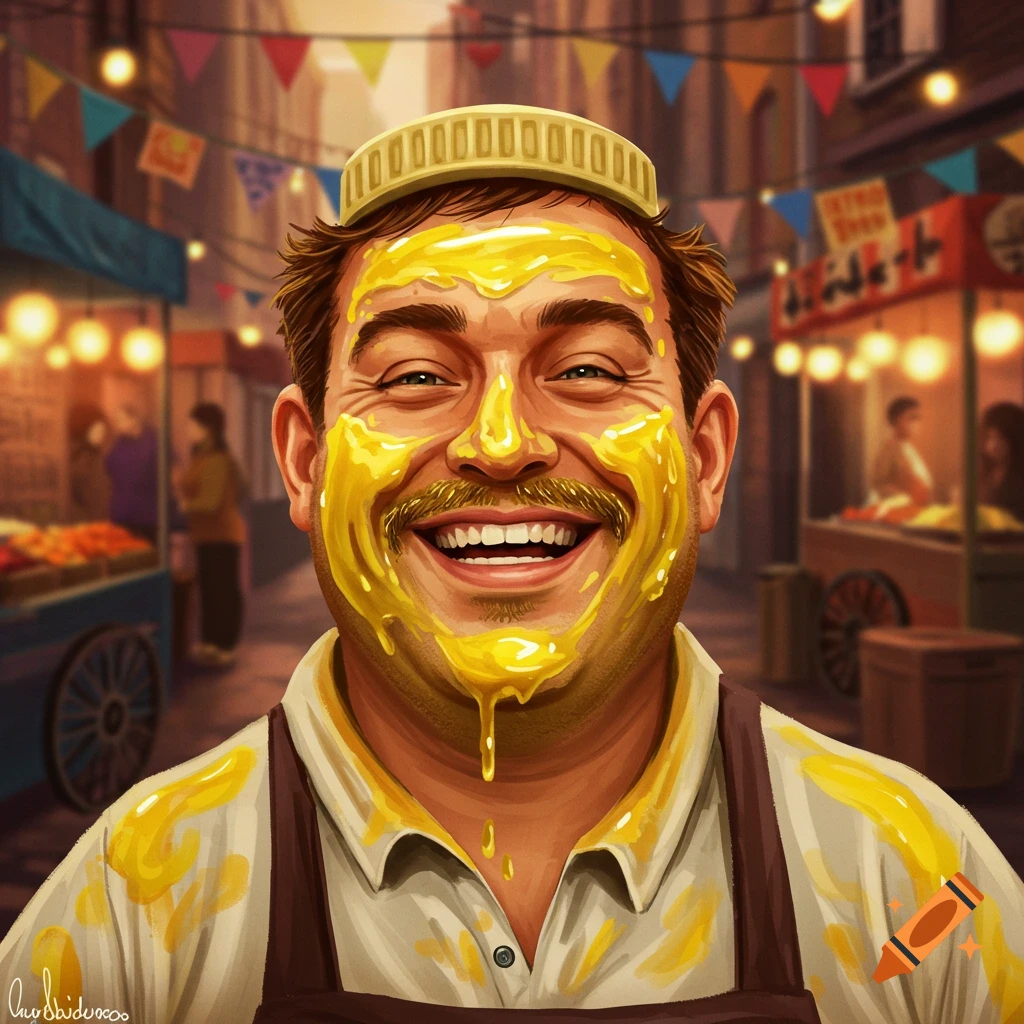 A man with a wide smile and a festive cap, covered in yellow mustard, stands in a bustling market.