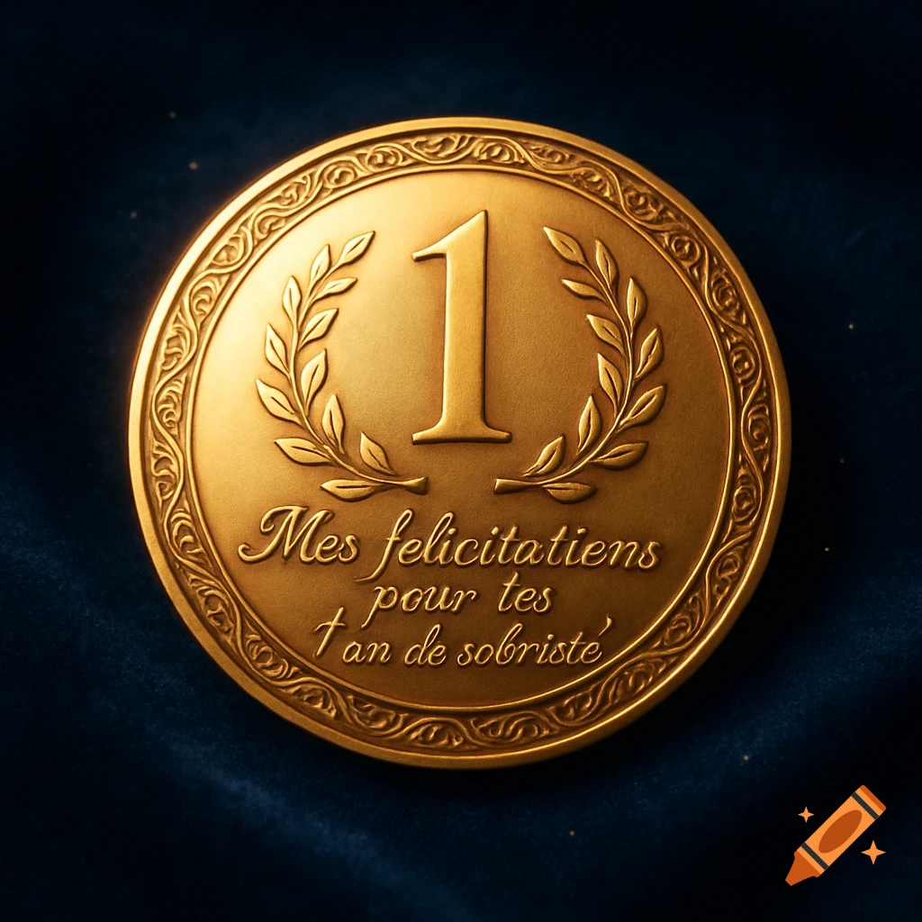 A detailed gold medal with the number '1' and 'Mes felicitations pour tes 1 an de sobriete' text on a dark blue background.