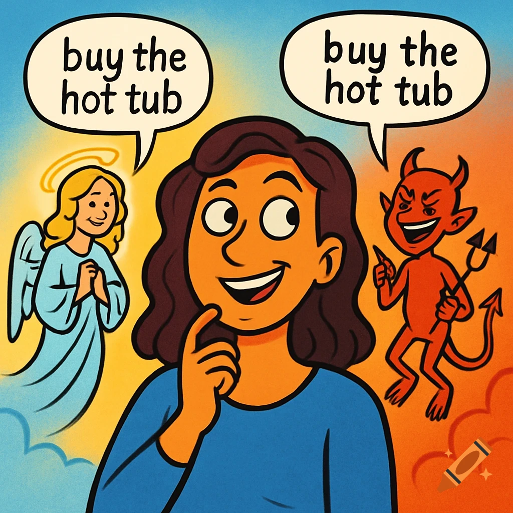Cartoon of a woman contemplating with an angel and a devil on her shoulders, both saying 'buy the hot tub'.