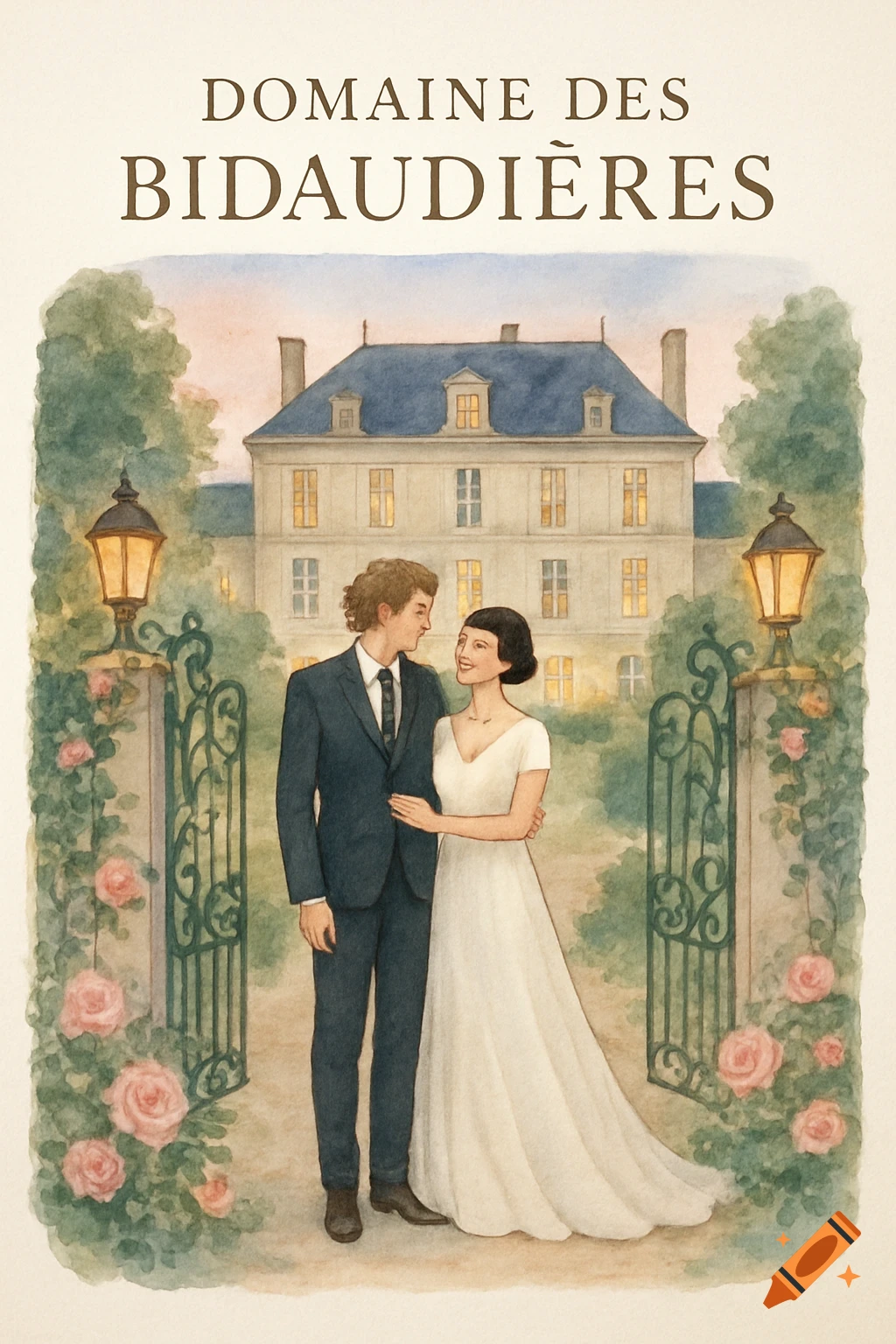 Watercolor illustration of a wedding couple in a suit and dress in front of a grand manor house, surrounded by gates and roses.