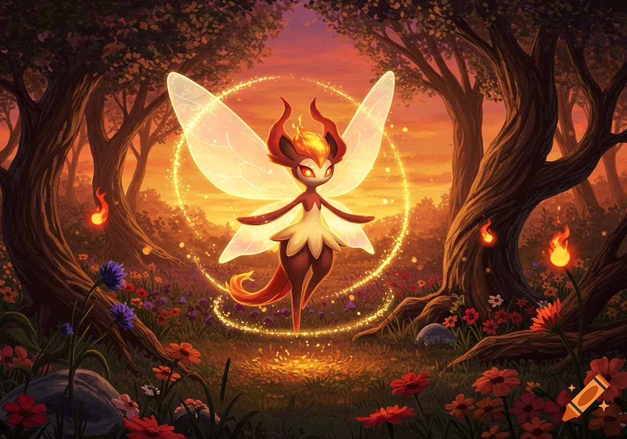 A fairy-fire creature with glowing wings and horns stands in a magical forest at sunset, surrounded by sparkling light and flowers.