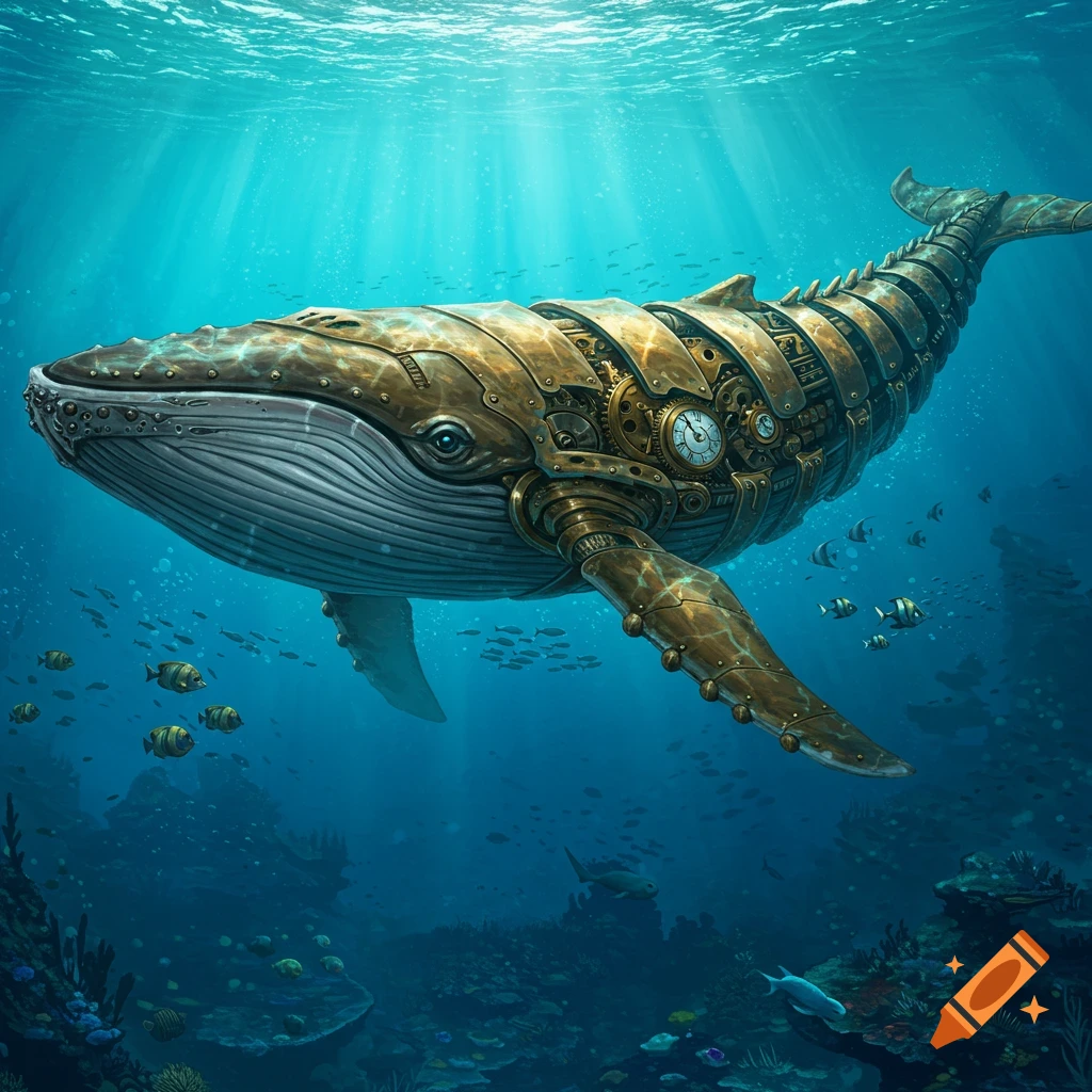 A steampunk-style whale, made of bronze and gears, swims underwater with sunlight streaming from above, surrounded by small fish and coral.