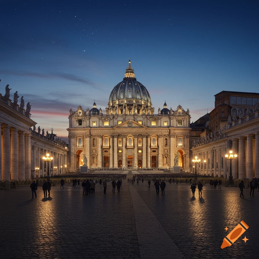 St. Peter's Basilica in Vatican City at dusk, lit up in St. Peter's Square with people walking.