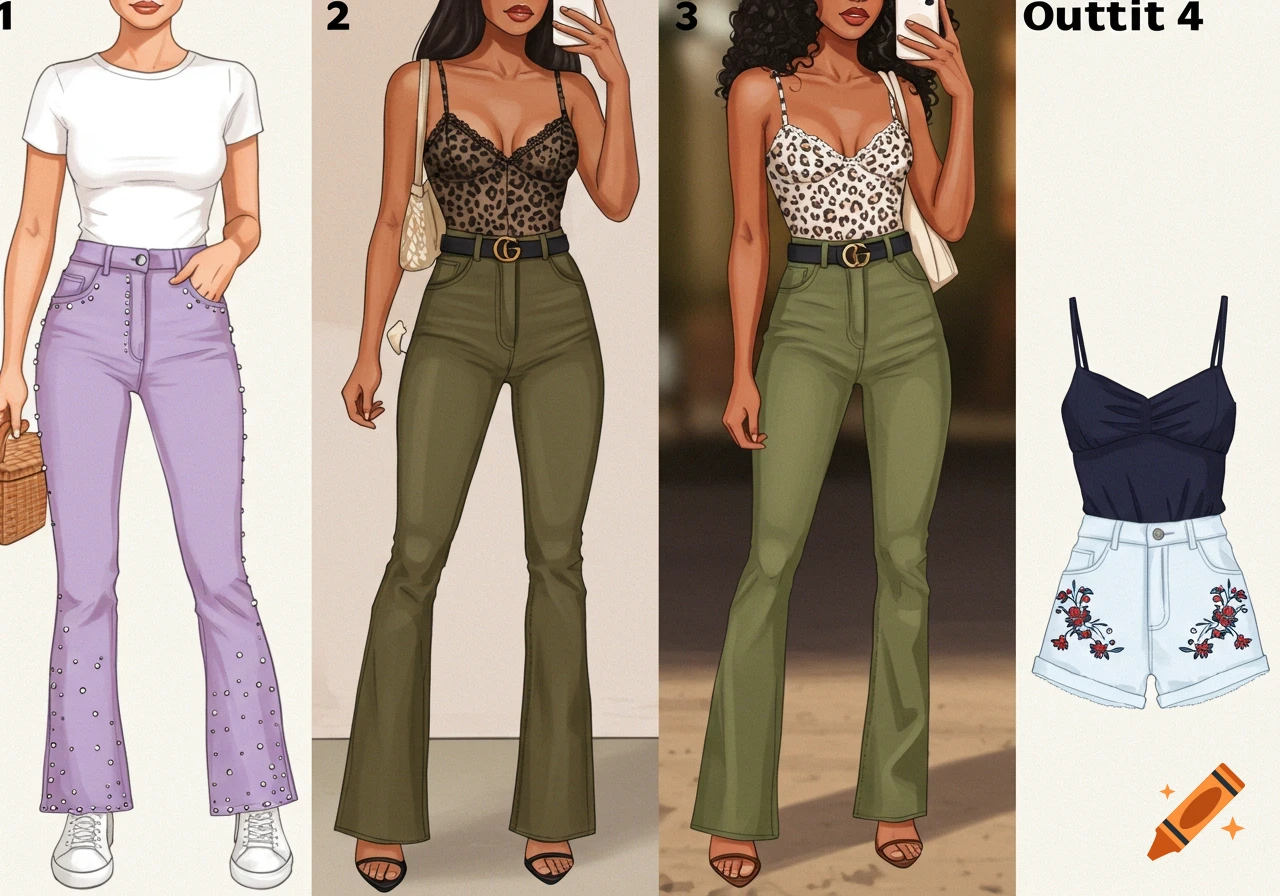 Four illustrated women modeling different outfits: a white tee with purple studded jeans, a leopard print camisole with olive flare pants, a white leopard camisole with olive flare pants, and a separate black camisole with white embroidered shorts.