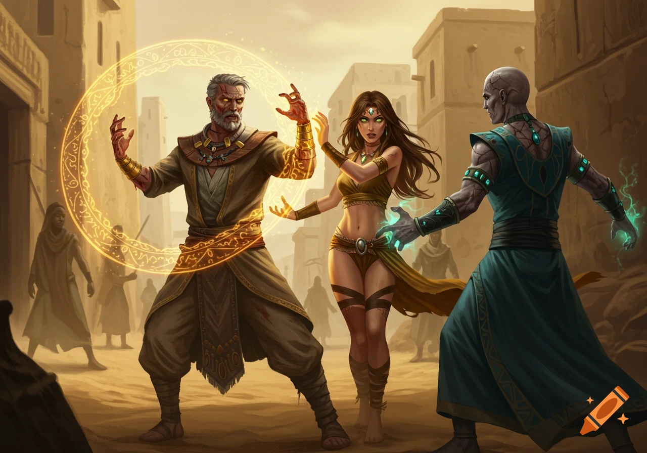 Fantasy art of three mages battling in a desert city street, two casting a golden magic barrier against a corrupted mage's green blast.