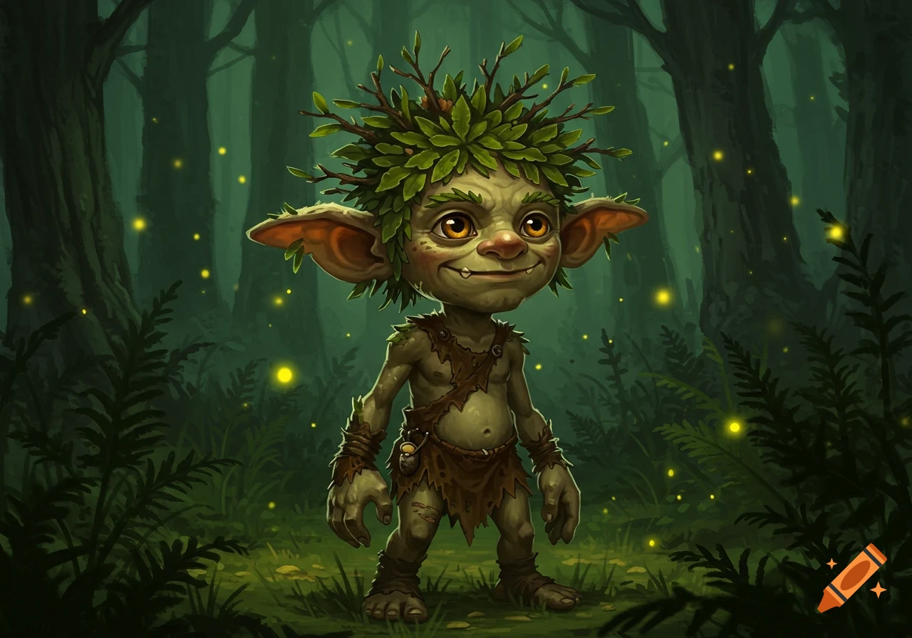 A cute, cartoonish goblin with big ears and leafy hair stands in a dark, glowing forest.