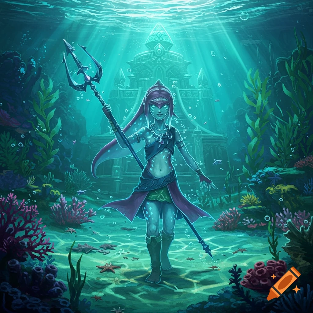 An aqua-skinned humanoid character with a fin-like headpiece holds a trident on the ocean floor, in front of an ancient underwater temple, surrounded by coral.