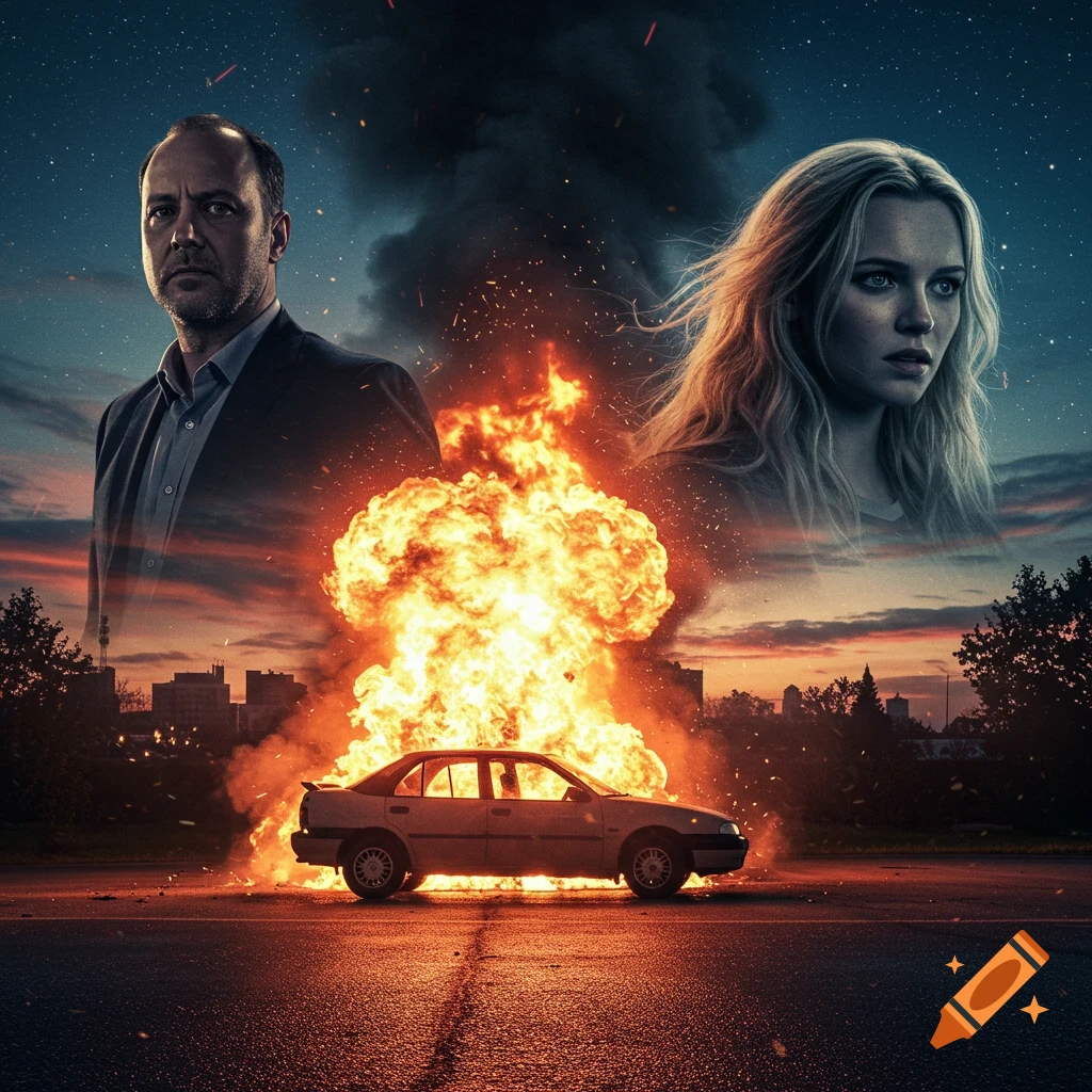 Movie poster style image of a man and a blonde woman above an exploding car on a road at dusk.