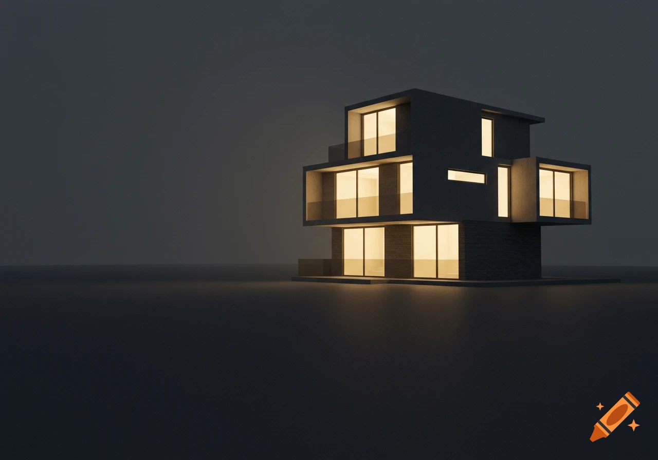 A 3D rendering of a modern, dark gray house with warm yellow lights glowing from its windows, set against a dark background.
