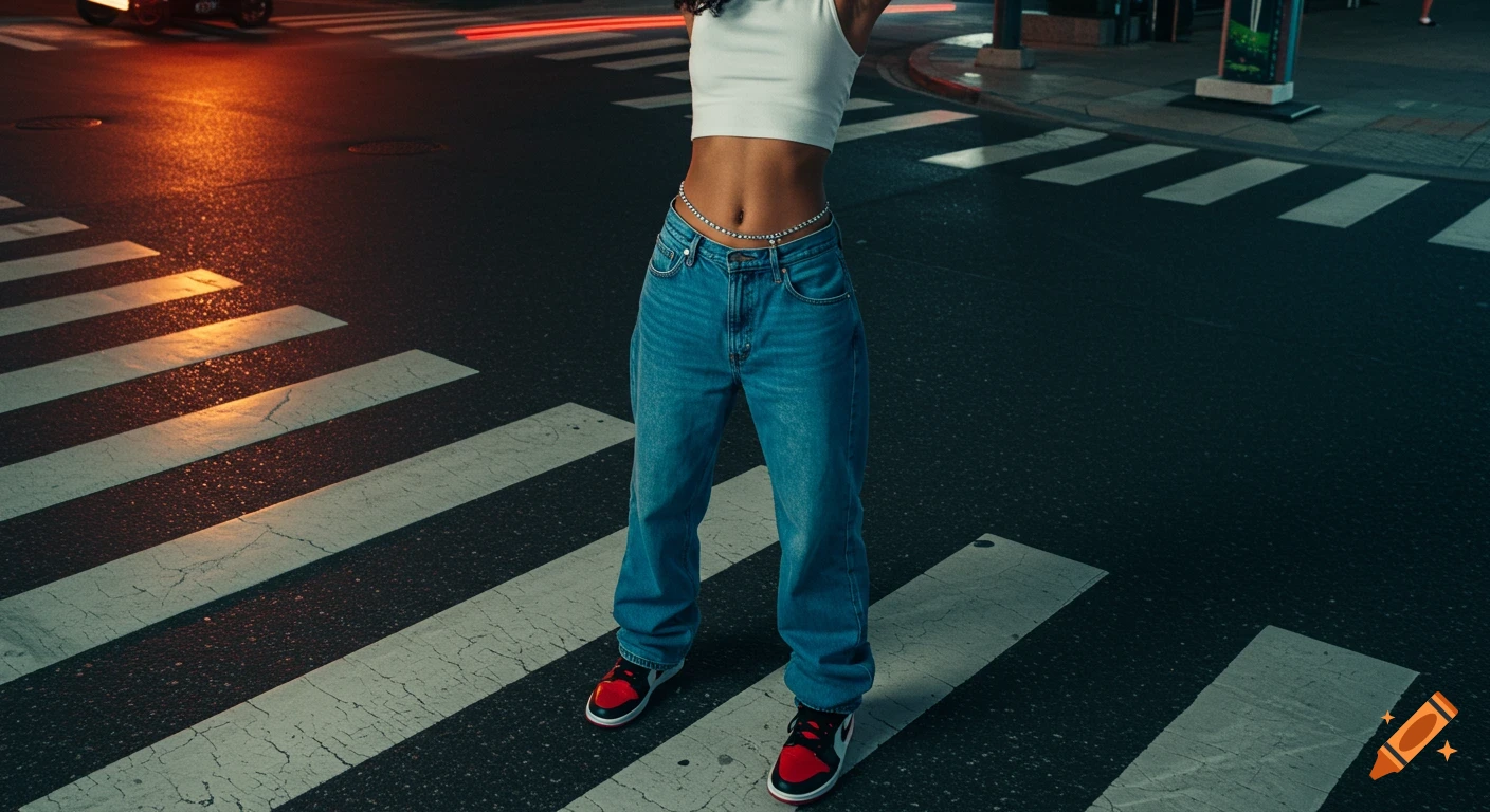 A person in a white crop top, baggy jeans, and red and black sneakers stands on a zebra crossing at night.