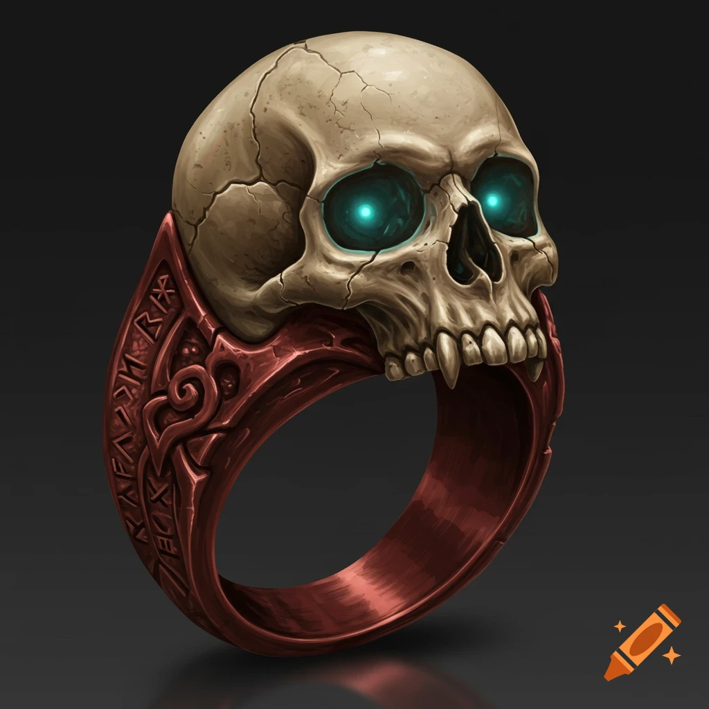 A detailed, gothic-style ring featuring a cracked skull with glowing blue eyes as its centerpiece, set on a red metal band with carved runes.