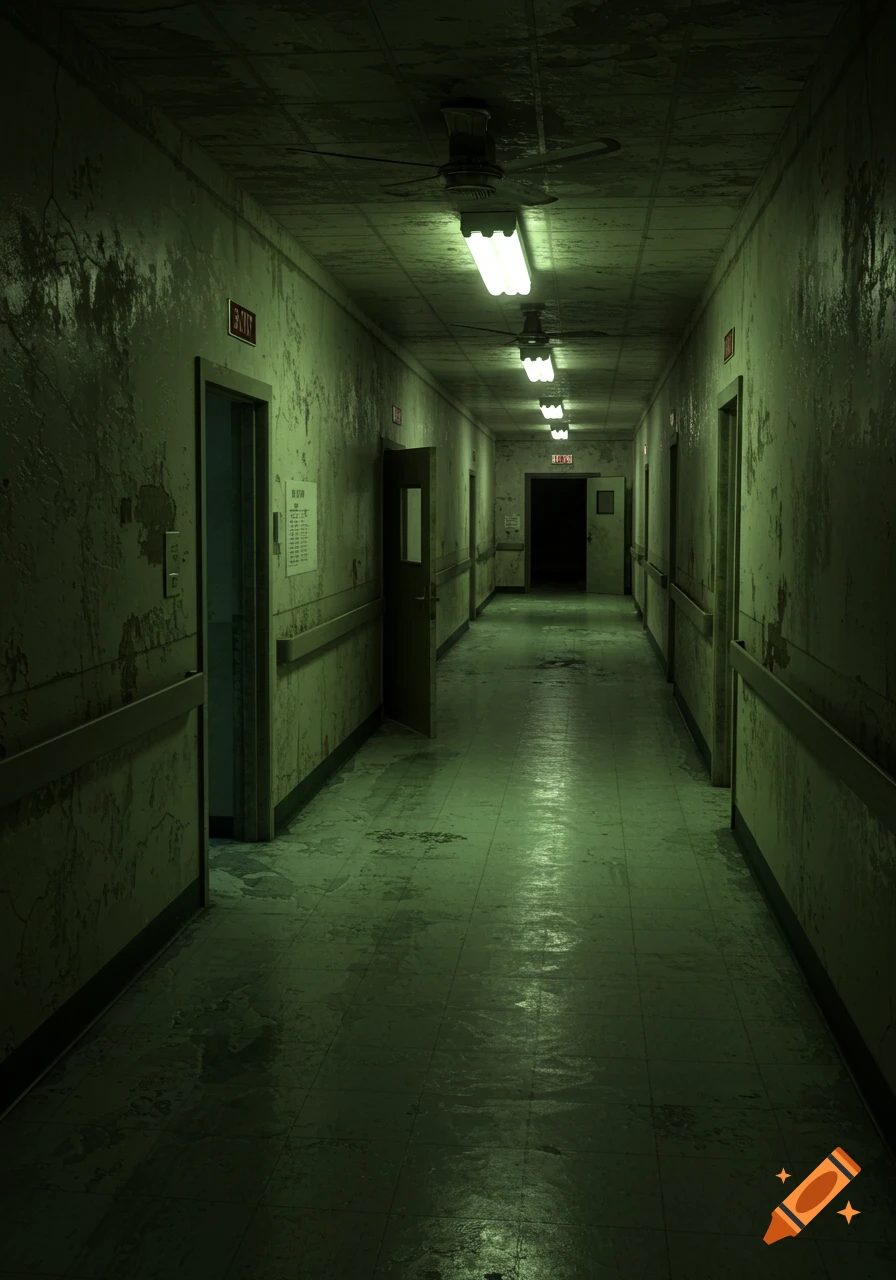 A long, dark, grimy hospital-like hallway with open doors and dim, flickering fluorescent lights, rendered in a greenish hue.