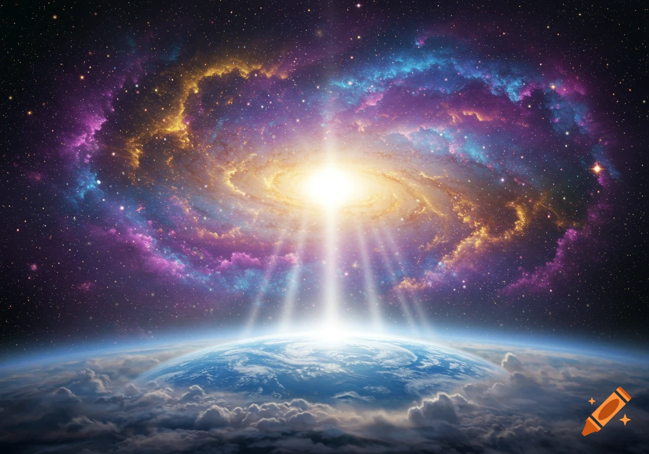 Vibrant galaxy with a bright core and colorful nebulae above a cloud-covered Earth, with light rays descending.