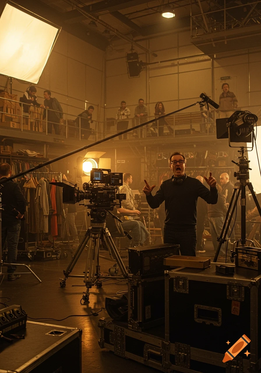 A film director gestures on a brightly lit set with cameras, lights, and crew members. People watch from a balcony.