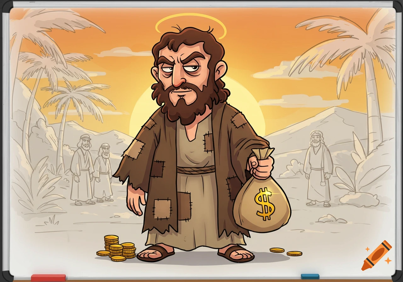 Cartoon of a bearded man with a halo and tattered robes holding a money bag with a dollar sign. Desert scene at sunset.