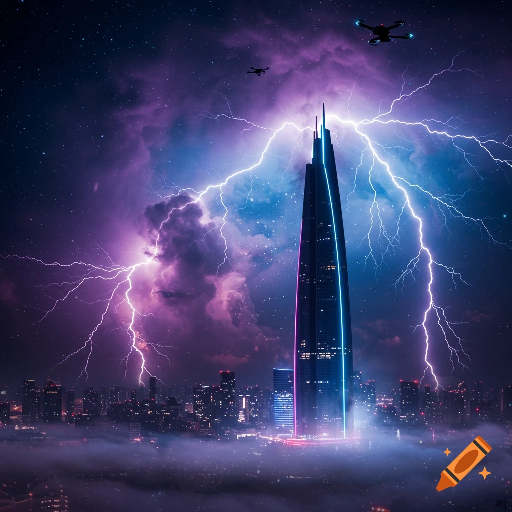 A futuristic skyscraper with neon lights in a city skyline at night, with purple and blue lightning striking from a cloudy, starry sky. Drones fly above the city shrouded in mist.
