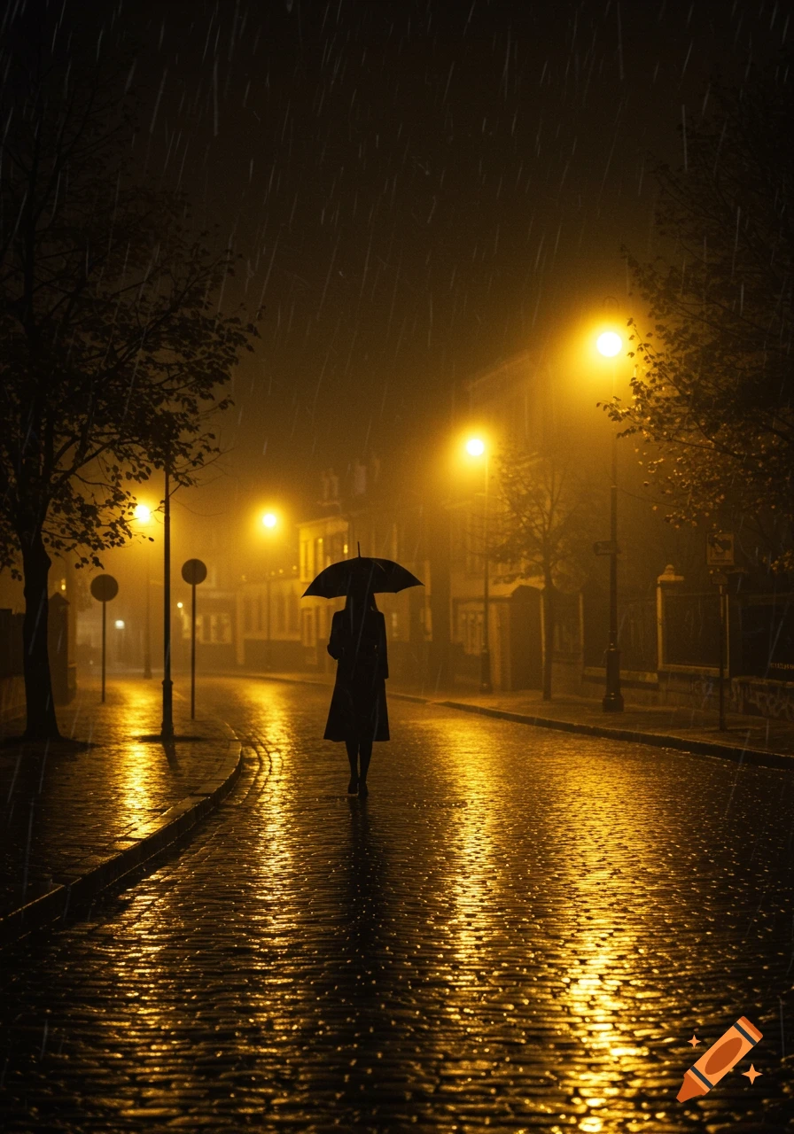 Silhouette of a woman holding an umbrella walks down a rain-soaked cobblestone street at night, illuminated by golden streetlights.