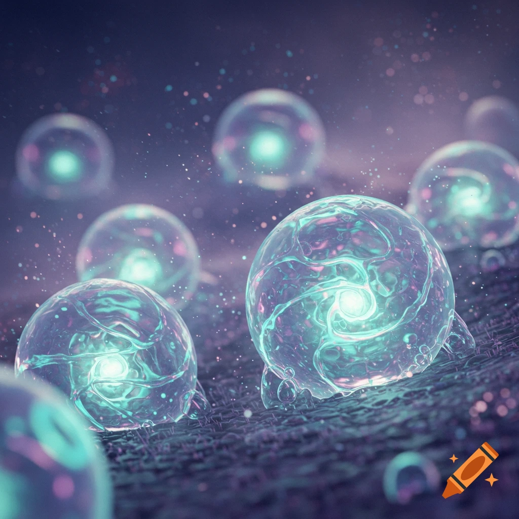 Close-up of glowing translucent spheres with swirling teal and purple light on a dark, textured surface, surrounded by sparkling particles.