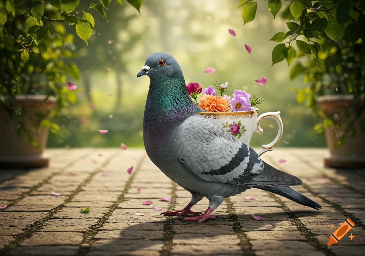 A pigeon fused with a teacup full of colorful flowers stands on a stone path in a sunny garden with falling petals. Photorealistic style.