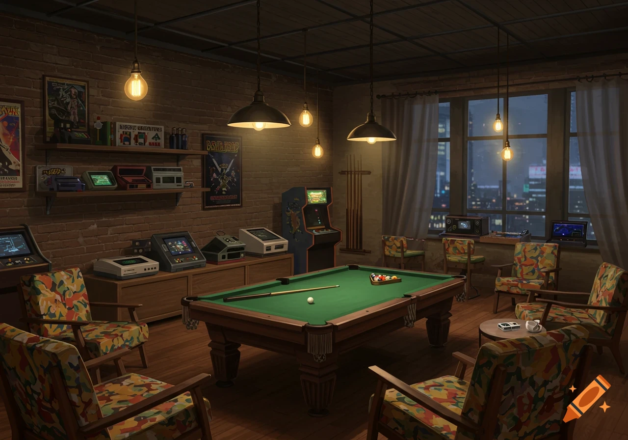 A dimly lit retro rec room with a pool table, classic arcade machines, old gaming consoles, and patterned chairs. City lights are visible through a large window.