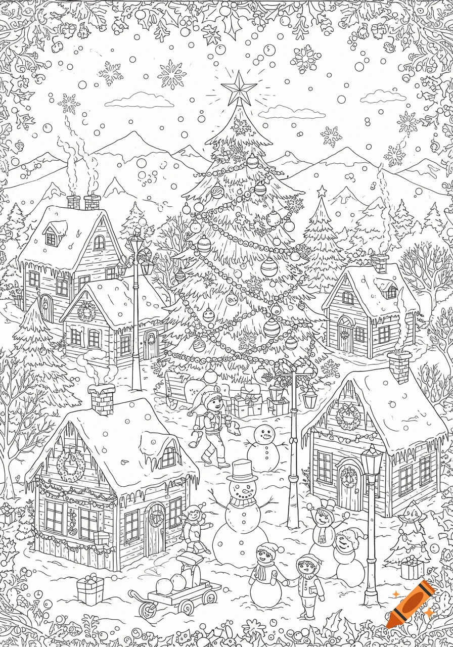 A black and white Christmas coloring page depicting a snowy village scene with a large decorated Christmas tree, houses, snowmen, and children playing.