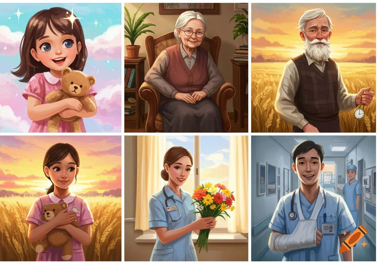 A grid of six stylized illustrations: a girl with a teddy bear, an old woman, an old man, a young woman with a teddy bear, a female nurse, and a male nurse with a cast.