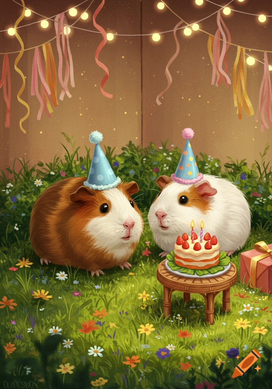Two cute guinea pigs wearing party hats celebrate a birthday with a cake and gift in a whimsical, flowery garden.