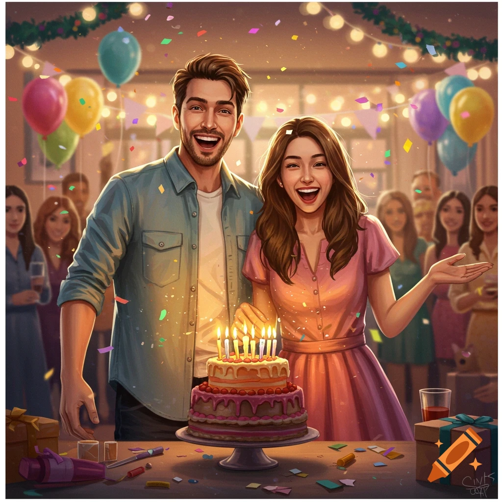 Digital illustration of a happy man and woman celebrating a birthday with a cake, balloons, and confetti.