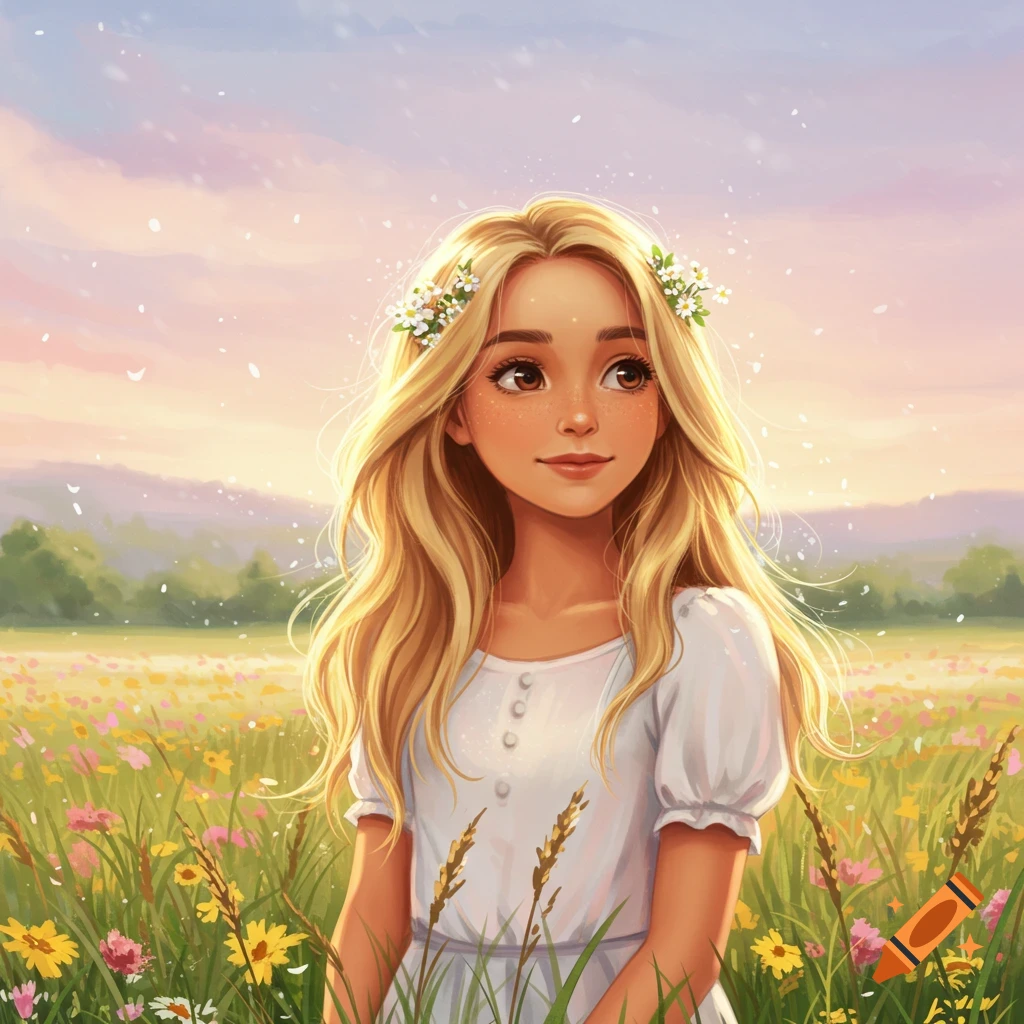 Blonde girl with a flower crown standing in a vibrant wildflower field at sunset, in an illustration style.