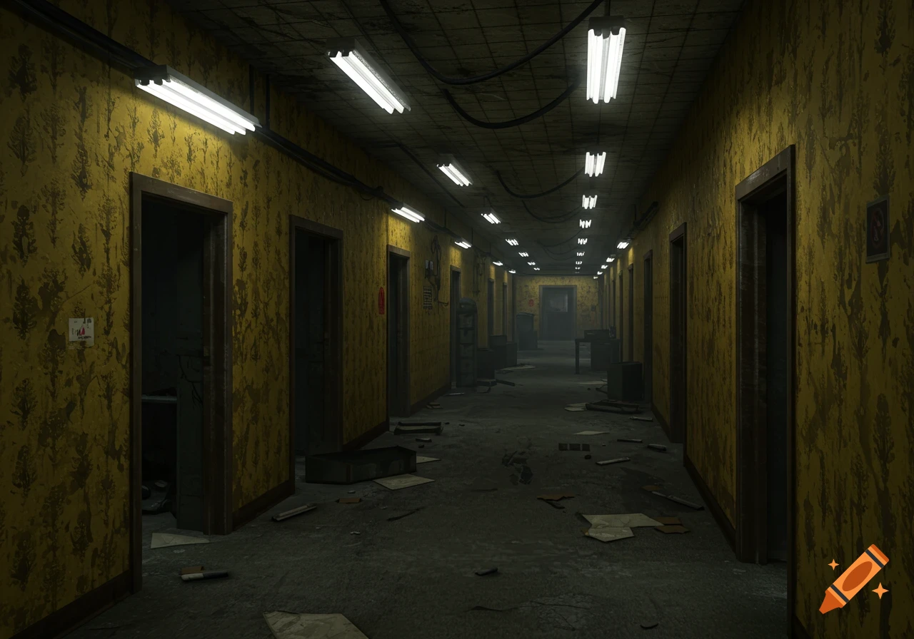 A long, dark, abandoned hallway with peeling yellow wallpaper, fluorescent lights, and debris on the floor, stretching into the distance.