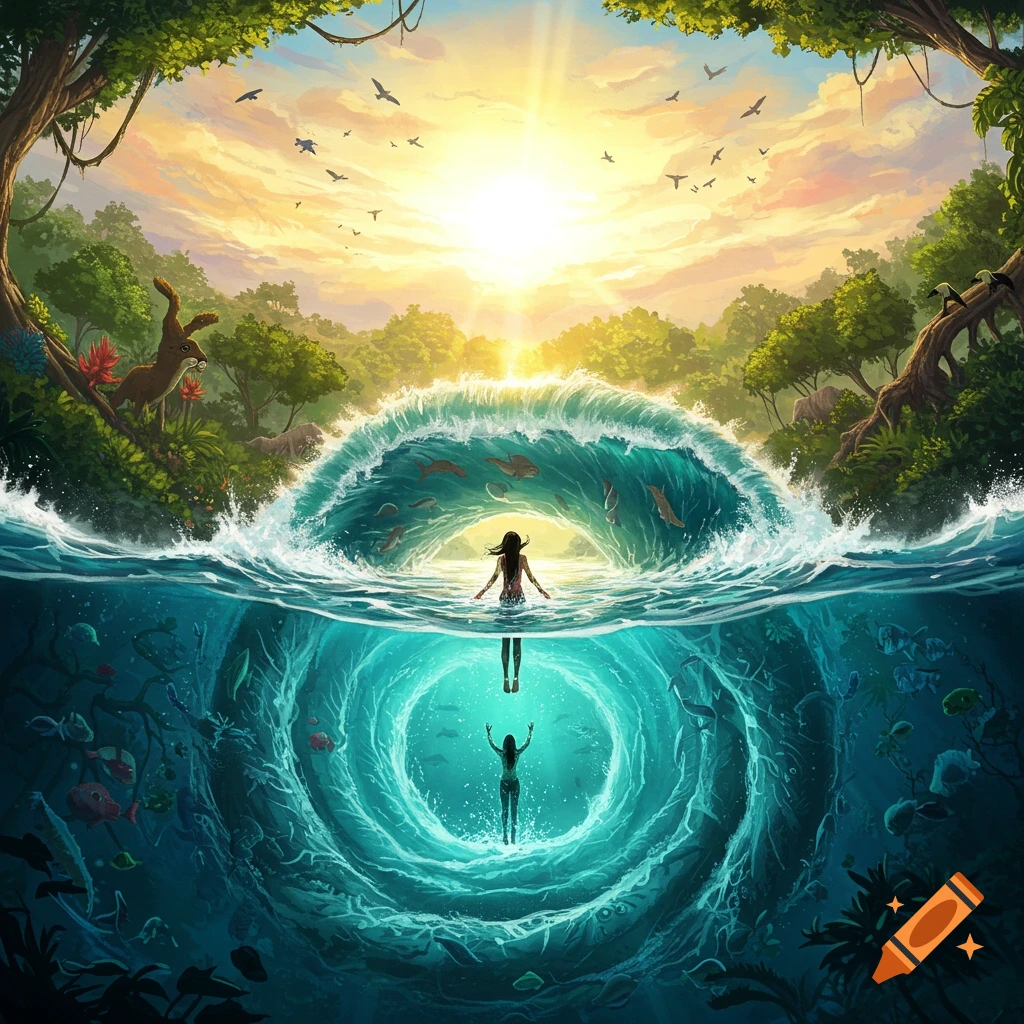 Fantasy painting of a woman standing in a circular wave, reflecting above a jungle sunset and below a swirling underwater abyss.